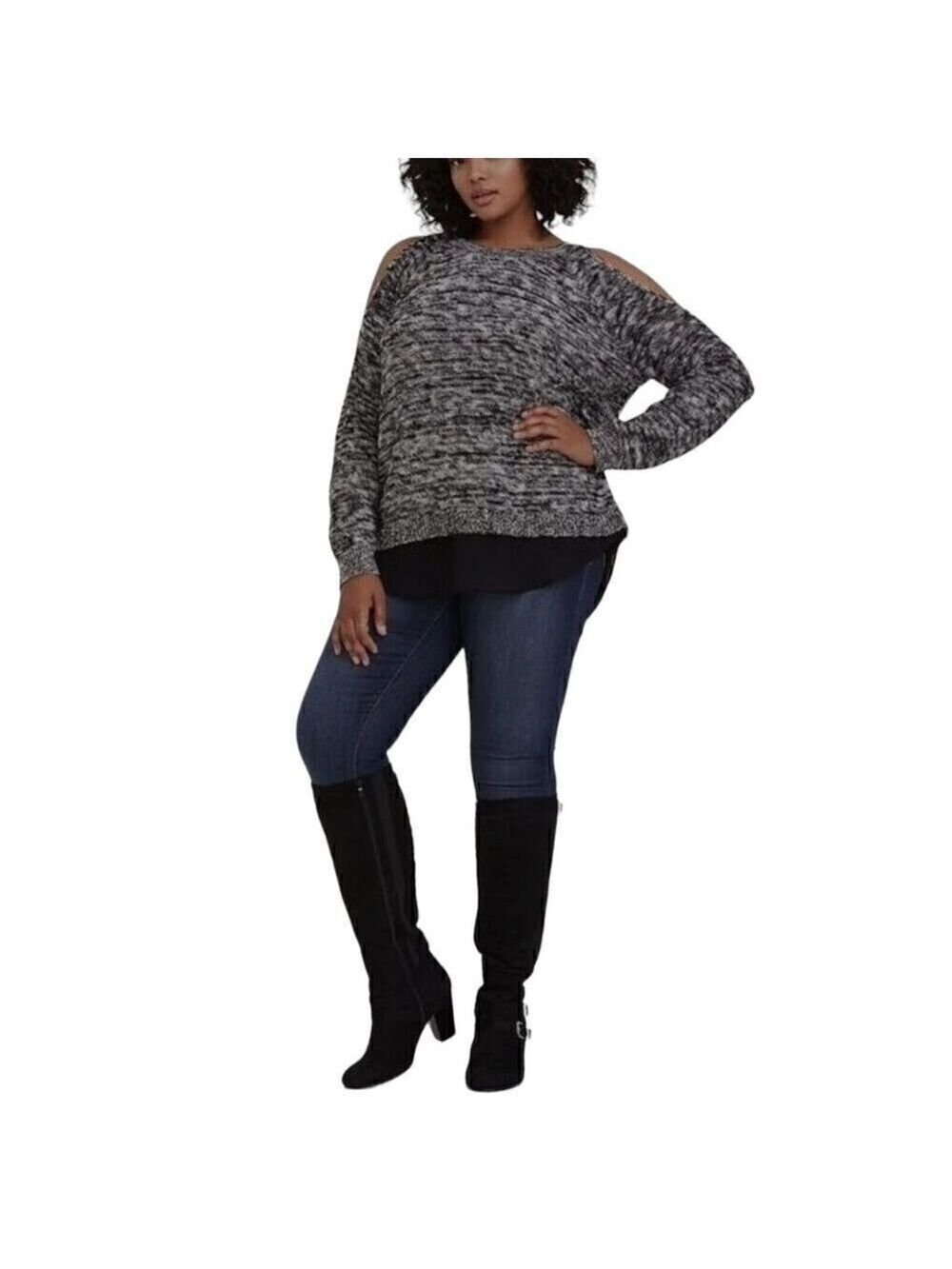 Torrid Marled Cold Shoulder Split Back Sweater Top Black White Size 1 (14-16)